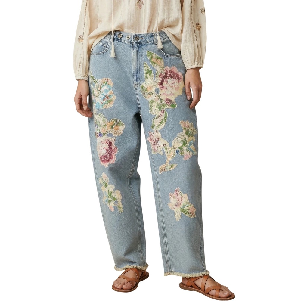 Jaded Gypsy Floral Patchwork Denim Jeans Light Wash Boho Frayed Hem L/XL